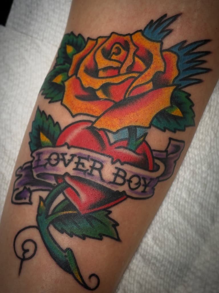 Bold Traditional 'Lover Boy' Rose & Heart Banner