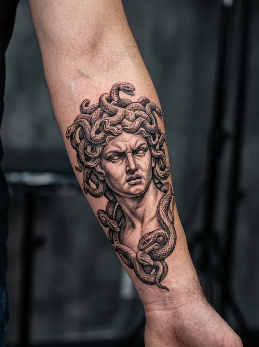 Classical Greek Medusa Sculpture & Serpent Crown