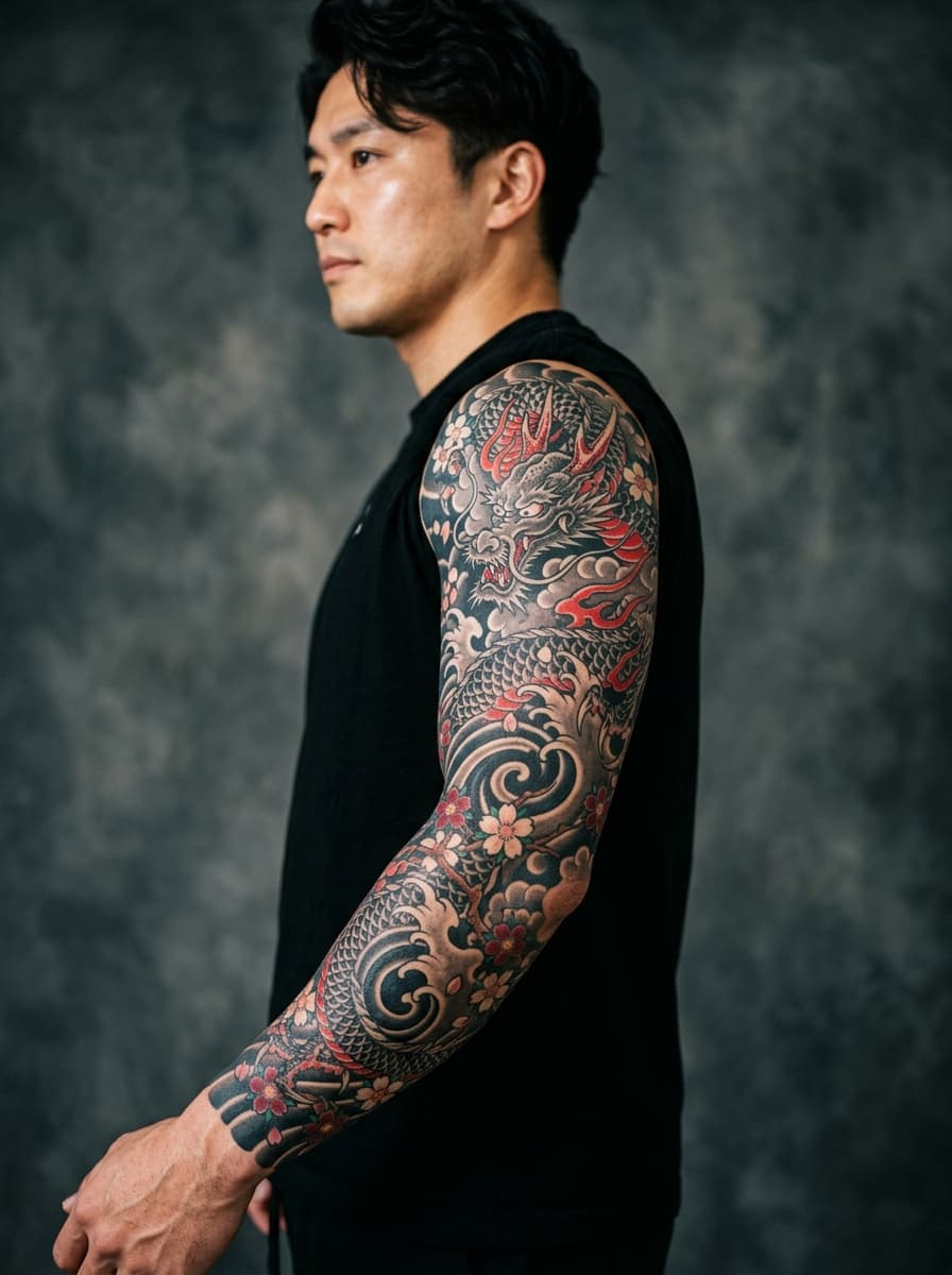 Traditional Japanese Ryu Water Dragon & Sakura Full Sleeve