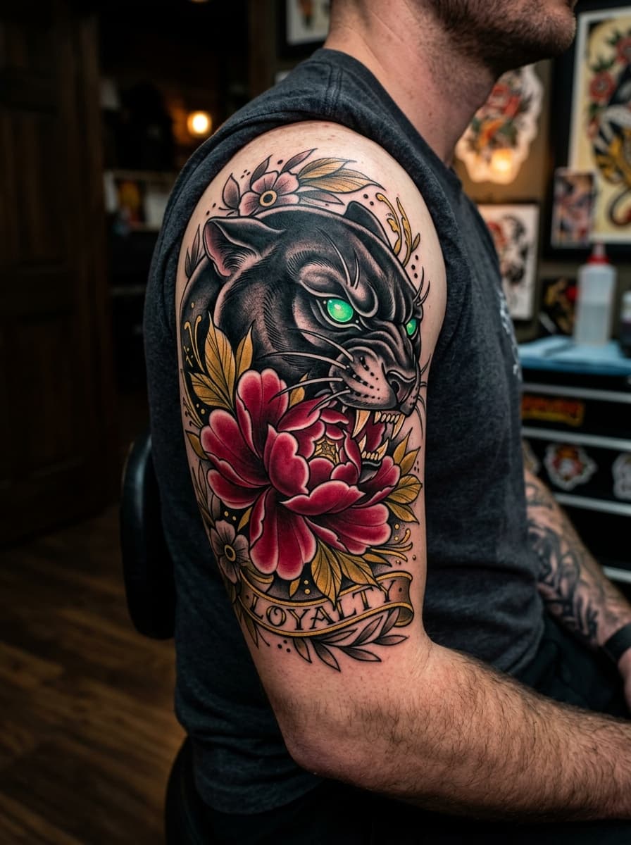 Neo-Traditional Velvet Panther & Crimson Peony